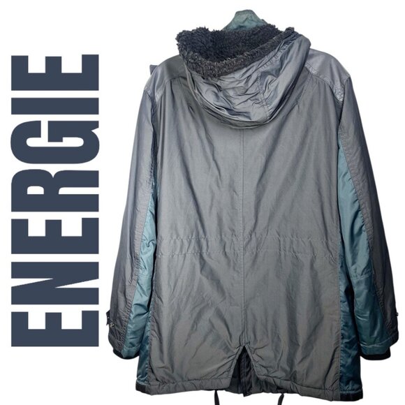 ENERGIE VINTAGE Y2K INSULATED MID LENGTH MOCK NECK PARKA HOOD GREEN GRAY, LARGE - Picture 6 of 12